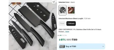 ZROY ENTERPRISE 1 Pc Stainless Steel Knife Set of 3 black Kitchen Knife at ₹189