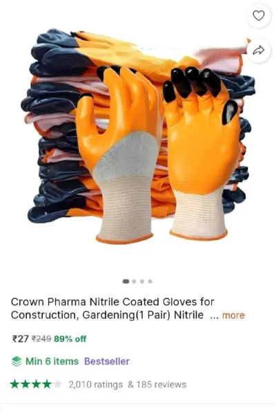 Crown Pharma Nitrile - Coated Safety Gloves, Pack of 2 Pairs at ₹27