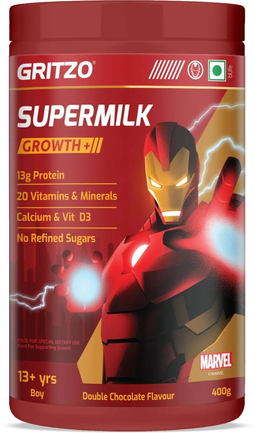 Gritzo SuperMilk Growth+ Iron Man 400g (Double Chocolate, 13+ Years) at ₹649