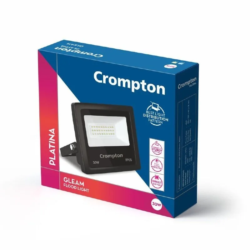 Crompton Aluminium Gleam 30W LED Flood Light | IP65, 6500K, Pack of 1 at ₹775