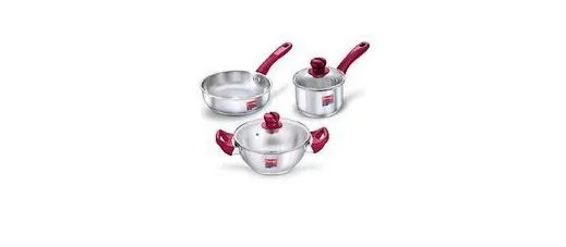Prestige Stainless Steel 3 Pc Cookware Set with 2 Glass Lids | Platina Popular | Fry Pan 22cm/1.9L | Kadai 22cm/2.25L | Sauce Pan 16cm/1.5L  at ₹2,067