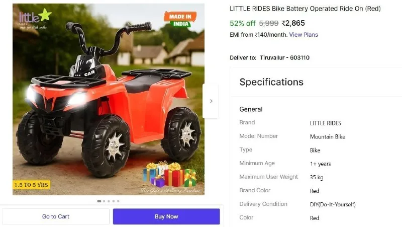 LITTLE RIDES Bike Battery Operated Ride On (Red) at ₹2,865