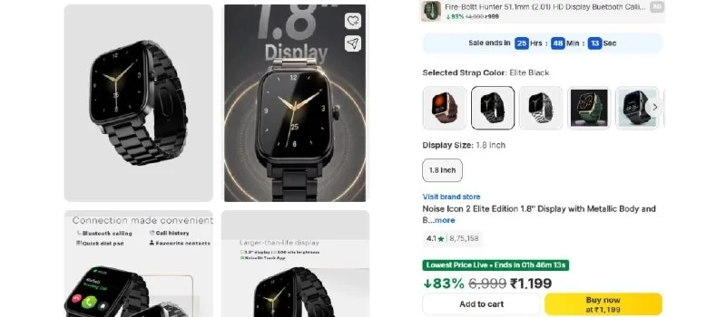 Noise Icon 2 Elite Edition 1.8'' Display with Metallic Body and Bluetooth Calling Smartwatch at ₹1,199