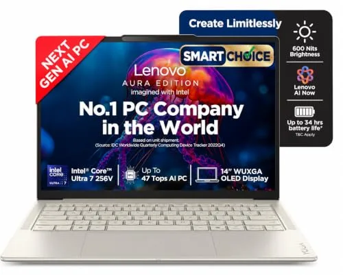 Lenovo Yoga Slim 7 Smartchoice Aura Edition Intel Evo Core Ultra 7 256V (16GB RAM/512GB SSD/14 (35.5cm)/WUXGA OLED/Copilot+ PC/Windows 11/MS at ₹1,09,240