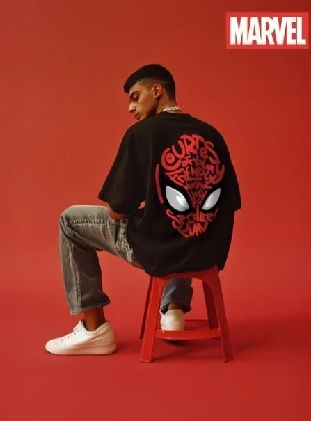 VEIRDO Marvel Black Spiderman Typography Printed Cotton Oversized T-shirt