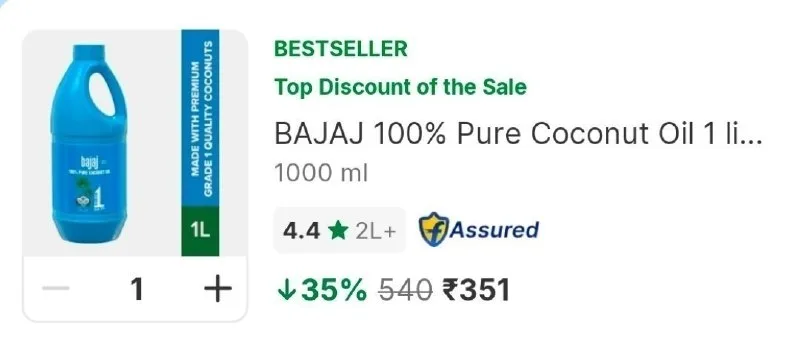 Bajaj Pure Coconut Oil, 1L at ₹351