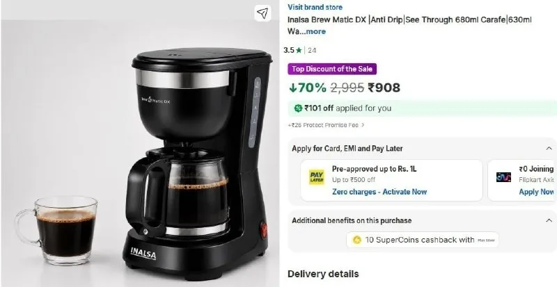 Inalsa 6 Cups Coffee Maker at ₹908