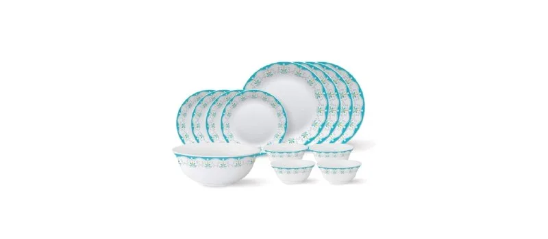 Larah by Borosil - Tiara Series, Royal Jade, 13 Pcs, Opalware Dinner Set, White at ₹1,049