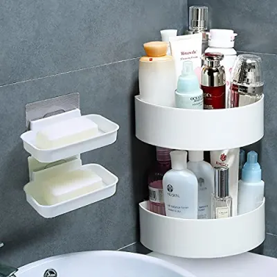 wolpin Plastic Wall Shelves (2 Pc with 2 Soap Cases) Round Corner Kitchen Bathroom Shelf Self-Adhesive Sticker Hooks Multipurpose Wall Holde at ₹218