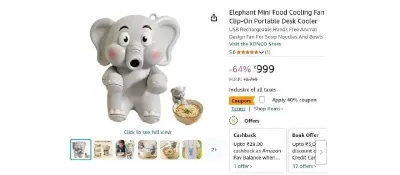 Elephant Mini Food Cooling Fan Clip-On Portable Desk Cooler at ₹600
