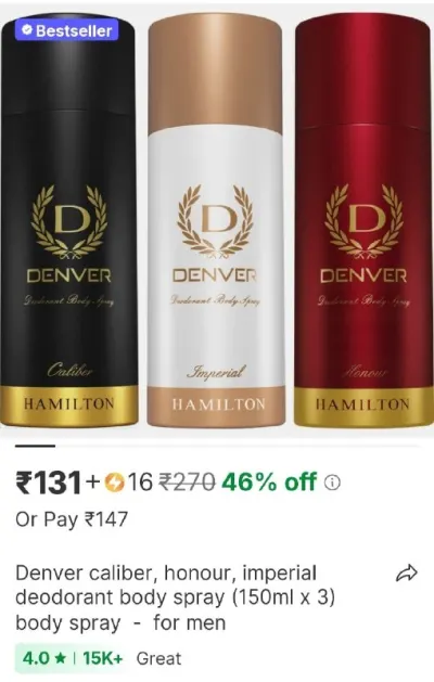 Denver caliber, honour, imperial deodorant body spray (150ml x 3) body spray - for men at ₹131