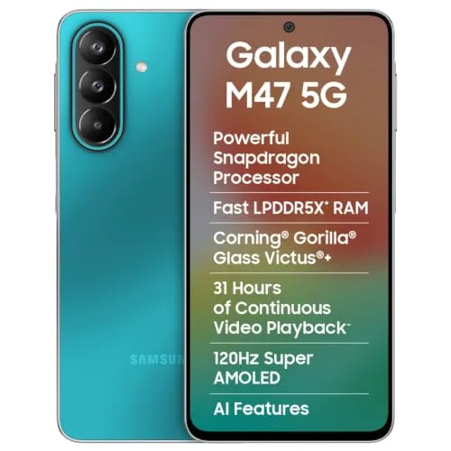 Samsung Galaxy M47 5G Mobile (Blaze Blue, 6GB RAM, 128GB Storage, 6000mAh Battery)| 50MP OIS| Snapdragon Processor| LPDDR5X RAM,UFS 3.1 Stor at ₹24,999