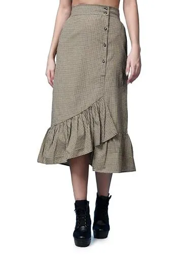 POPWINGS Casual Check Print Long Flare Skirt for Women | Cotton Skirt for Women Skirt for Women at ₹198