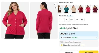 urban rock Solid V Neck Casual Women Pink Sweater at ₹141