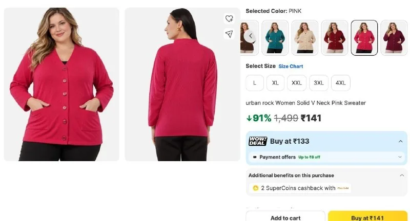 urban rock Solid V Neck Casual Women Pink Sweater at ₹141