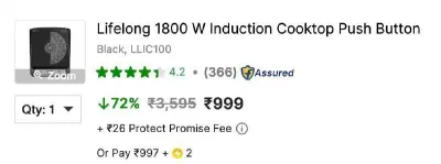 Lifelong 1800 W Induction Cooktop Push Button at ₹999