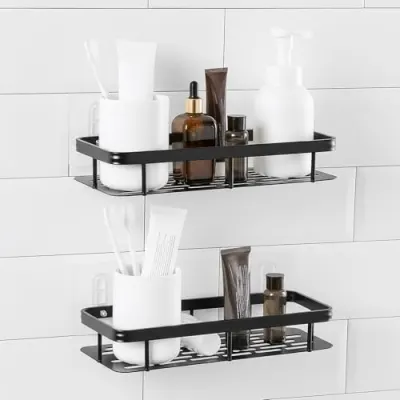 Amazon Basics Self-Adhesive Aluminium Bathroom Wall Shelf | Water-Resistant | Pack of 2 | Tool-Free Installation | Black | 30D x 13W x 5.5H  at ₹217