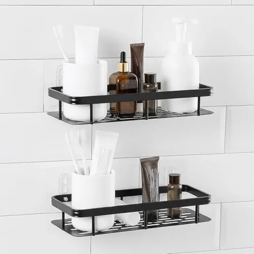 Amazon Basics Self-Adhesive Aluminium Bathroom Wall Shelf | Water-Resistant | Pack of 2 | Tool-Free Installation | Black | 30D x 13W x 5.5H  at ₹217