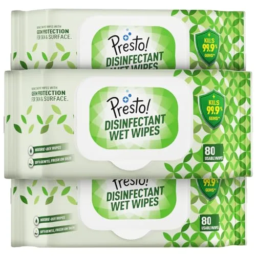 Presto! Disinfectant Wet Wipes With Lid | 240 Count | (80 Counts x Pack of 3) | Germ Protection for Skin and Surface at ₹299