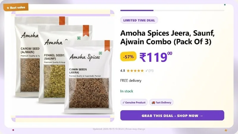 Amoha Spices Jeera, Saunf, Ajwain Combo (Pack Of 3) at ₹119