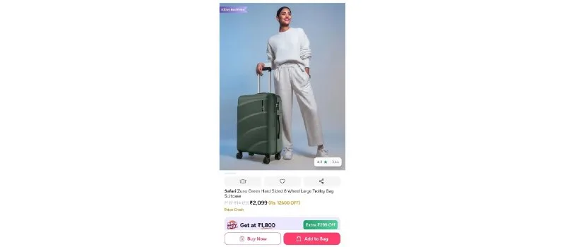 Safari Zuno Green Hard Sided 8 Wheel Large Trolley Bag Suitcase at ₹2,099