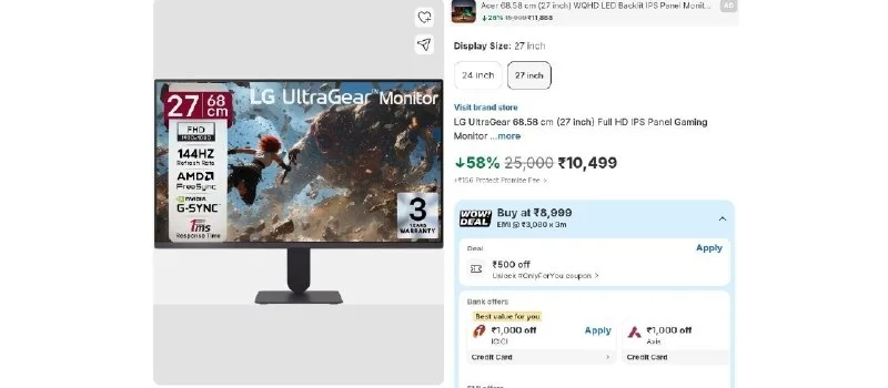 LG UltraGear 27 inch Full HD IPS Panel Gaming Monitor at ₹8,550