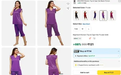 Nightdoll Women Solid Purple Top & Capri Set at ₹121